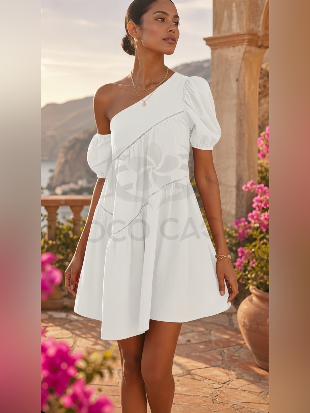 Flirty White Cotton Off-the Shoulder Puff Sleeves Mini Babydoll Dress
